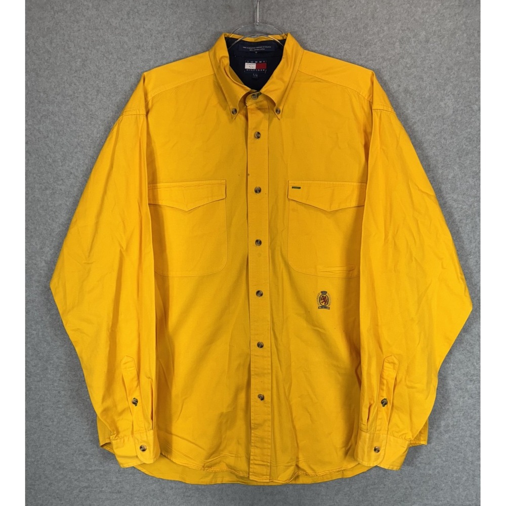 Tommy Hilfiger Shirt‎ Mens Large Yellow Button Up Crest Embroidered Casual 90s